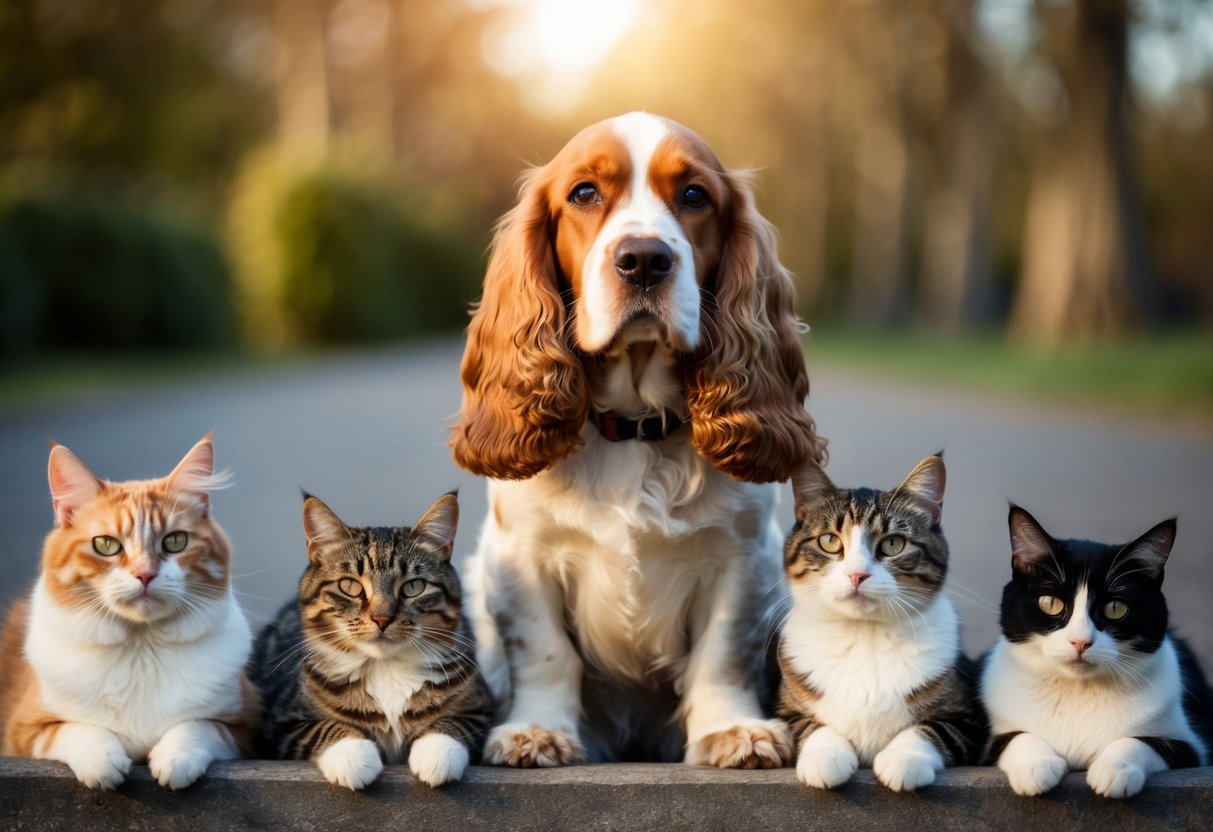 A Cocker Spaniel peacefully coexists with a group of cats, showcasing the breed