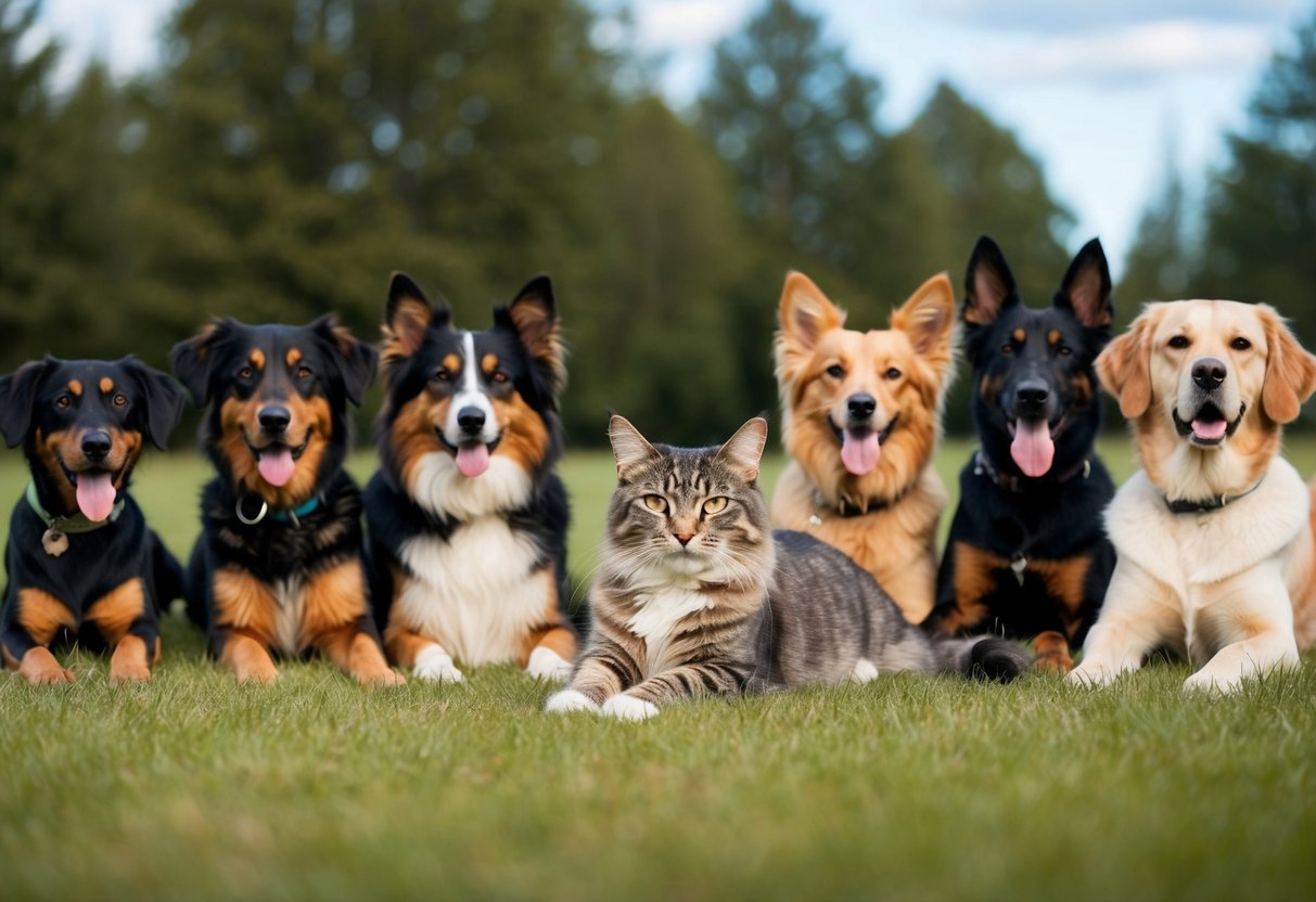 A Norwegian Forest Cat peacefully lounges among a group of 20 different dog breeds, all coexisting harmoniously