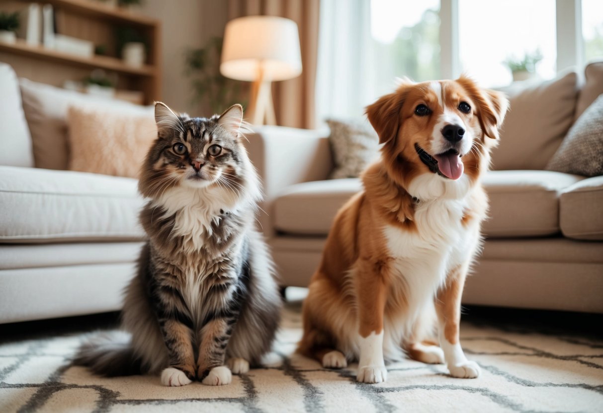 A fluffy cat and a friendly dog sitting side by side, wagging their tails in a cozy living room