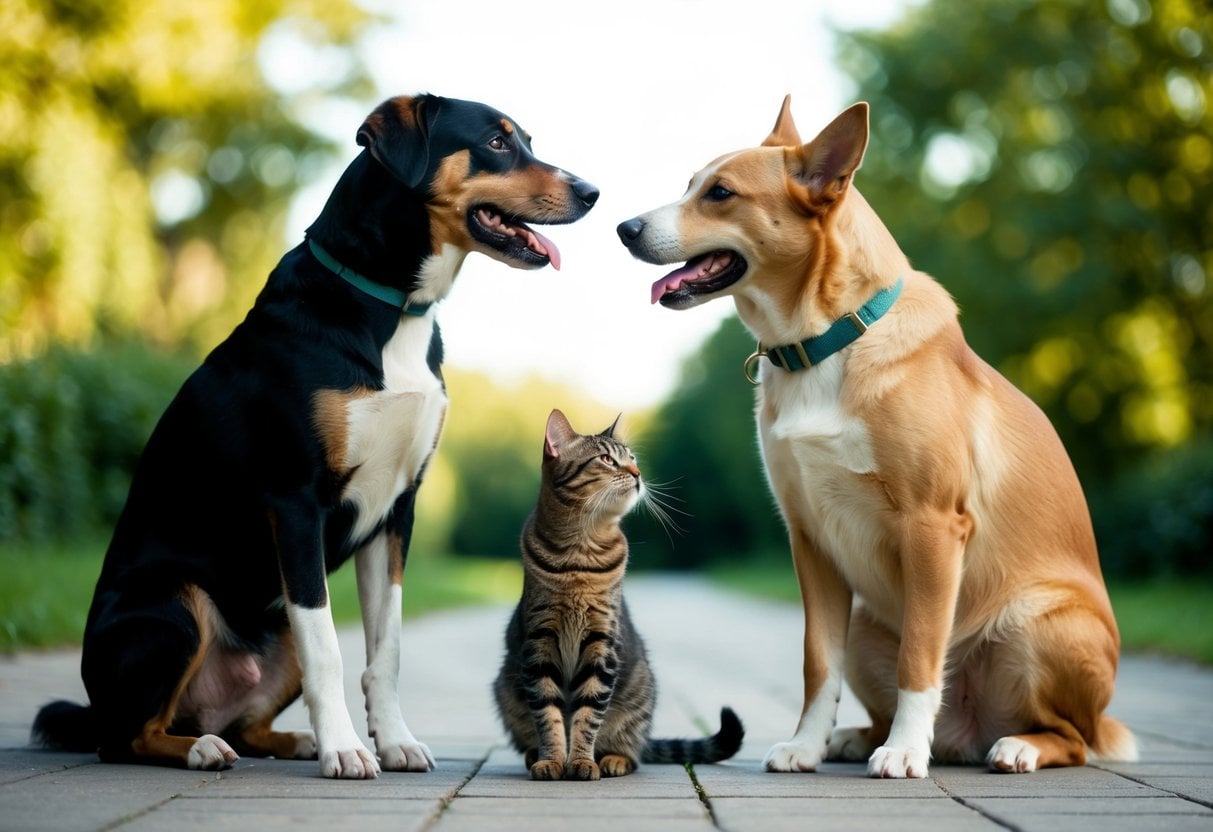 A dog peacefully coexisting with a cat, displaying calm body language and friendly interaction