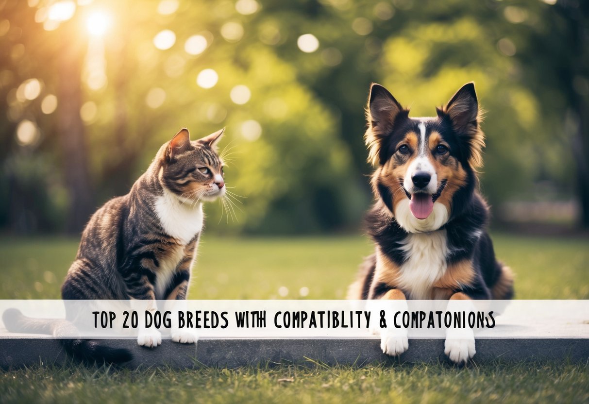 A peaceful scene of a cat and dog coexisting harmoniously, showcasing the top 20 dog breeds known for their compatibility with feline companions