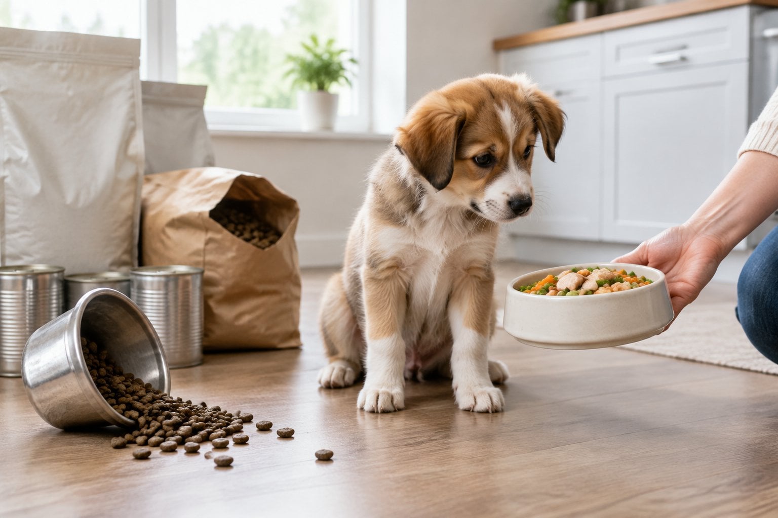 A puppy sits beside a bowl of kibble as a person offers it food in another dish.