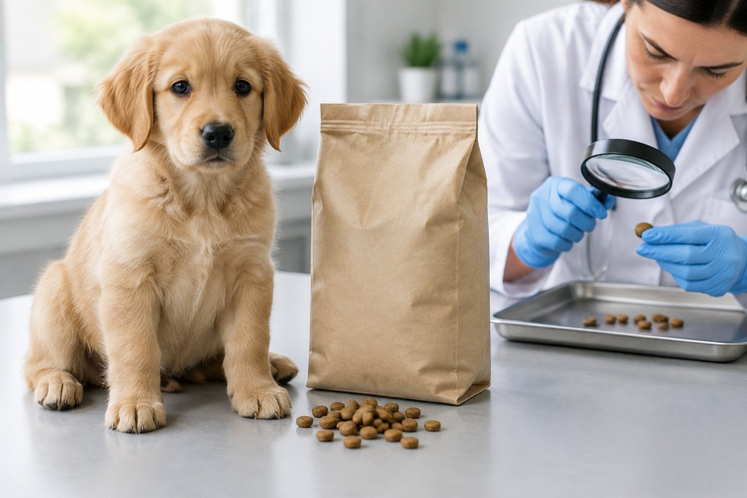 A puppy sits beside a bag of food as a gloved hand examines kibble.