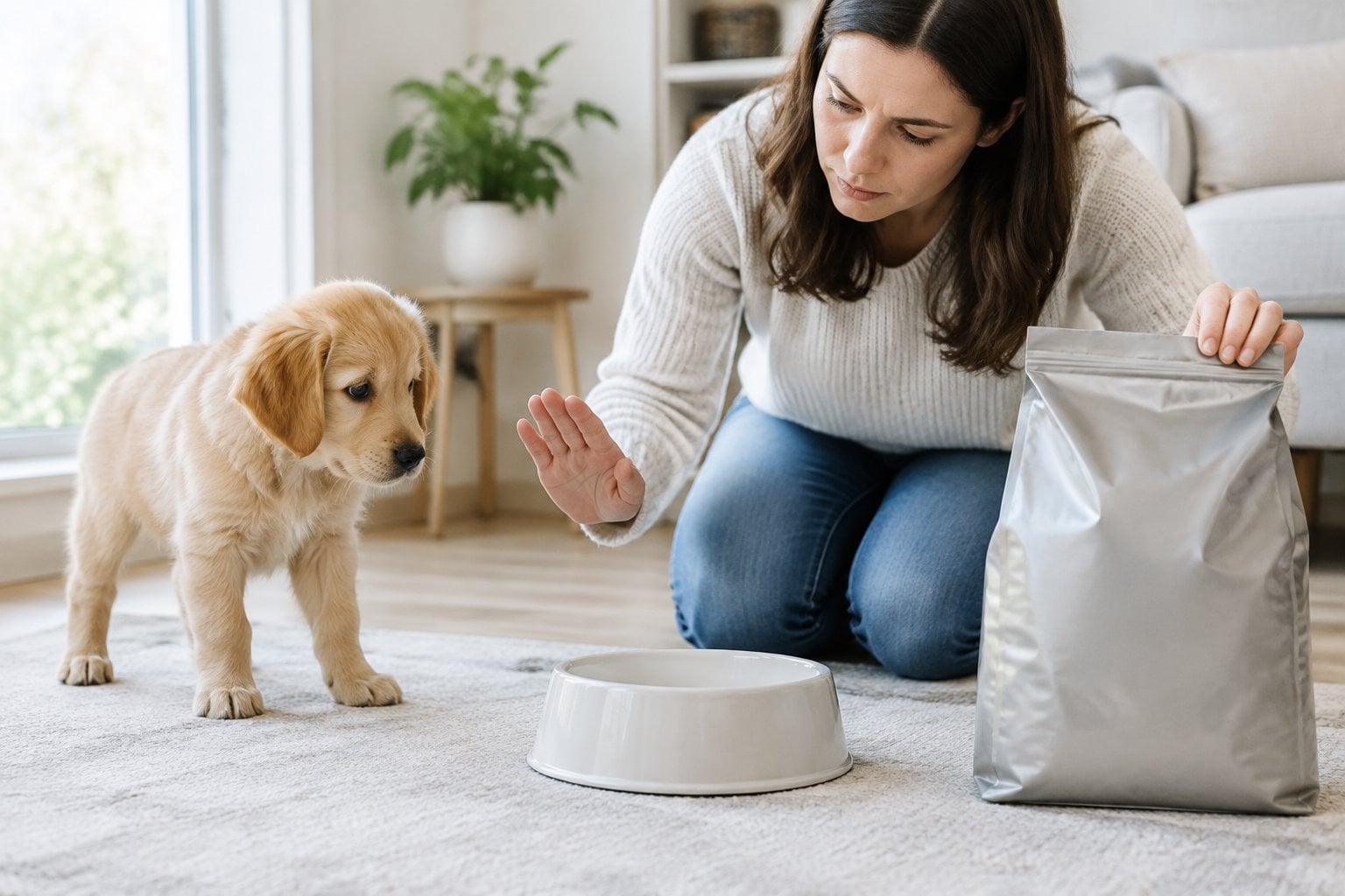 A small puppy sits beside a plain food bowl as an adult checks a generic bag of puppy food.