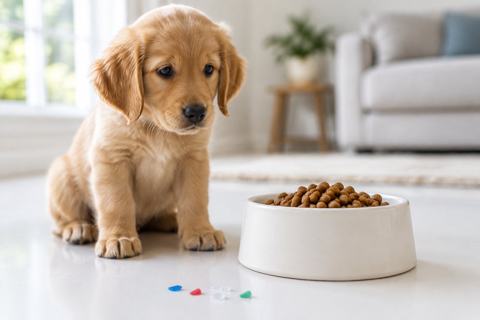 A golden puppy sits beside a bowl of kibble, with small plastic pieces nearby.