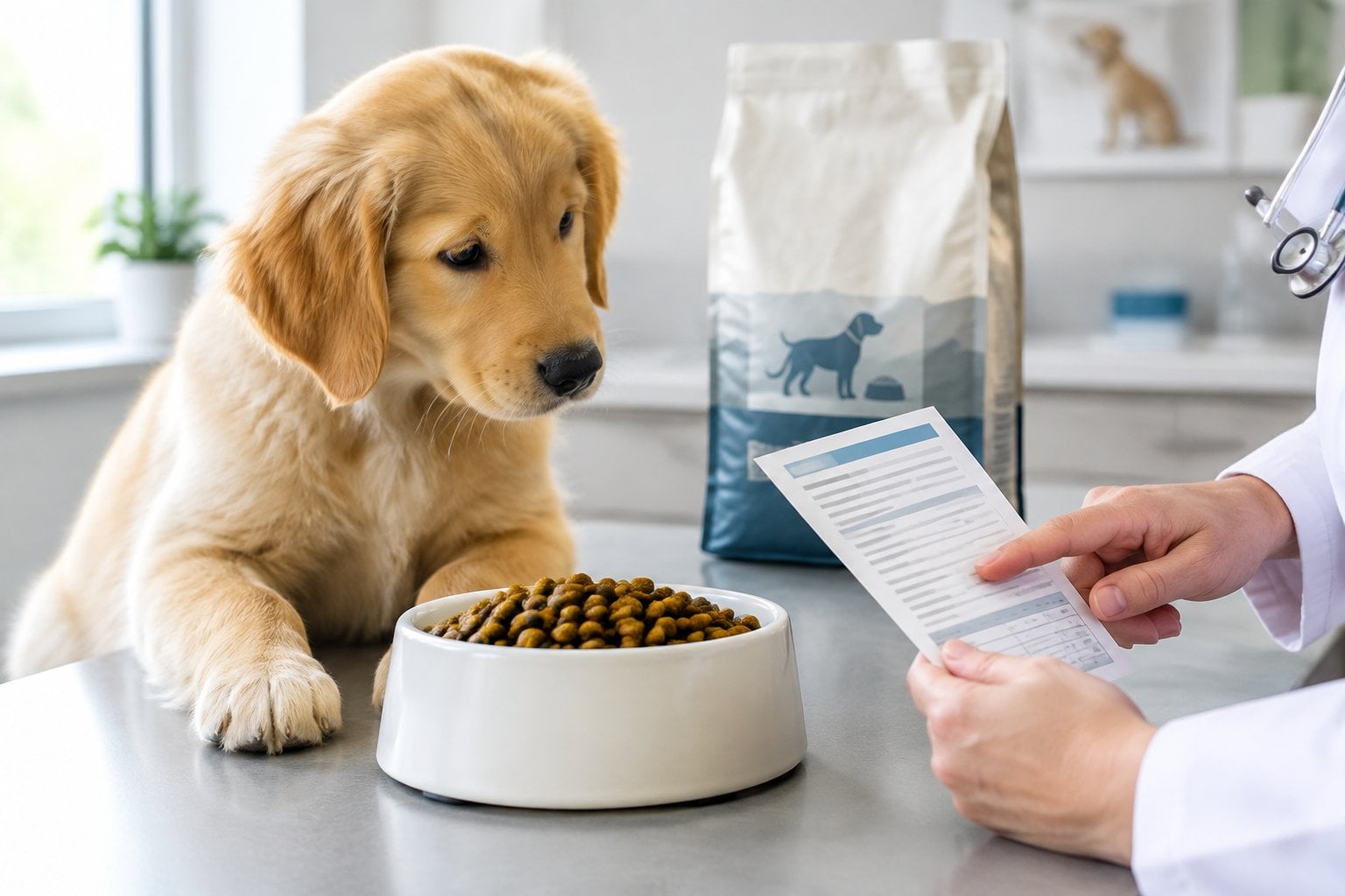 A golden retriever puppy sits beside a bowl of kibble while a veterinarian reviews a nutrition chart.