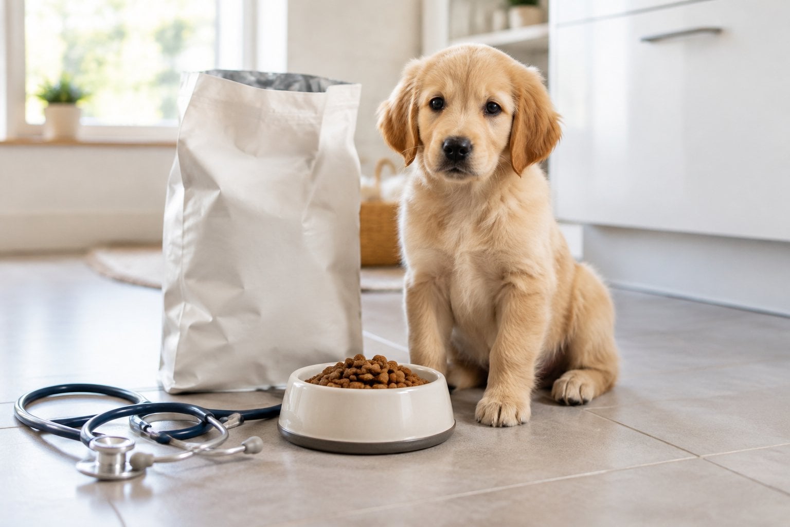 A puppy sits beside a bowl of kibble and an unmarked pet-food bag.