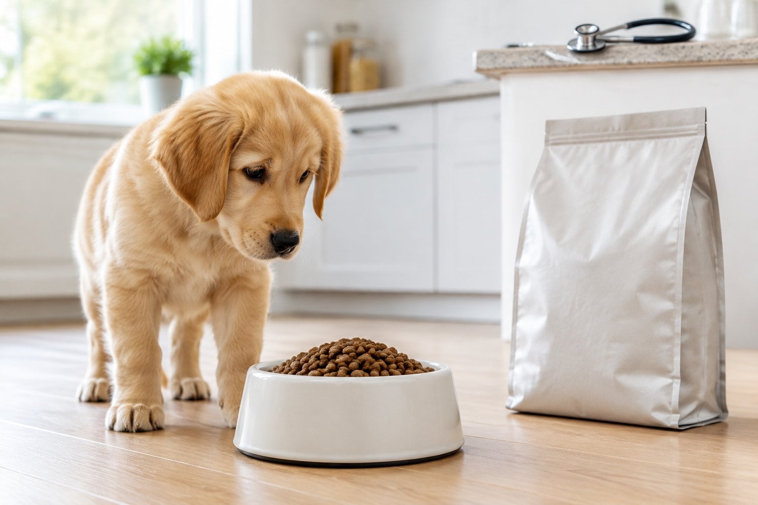 A puppy sits beside a bowl of kibble in a home kitchen.