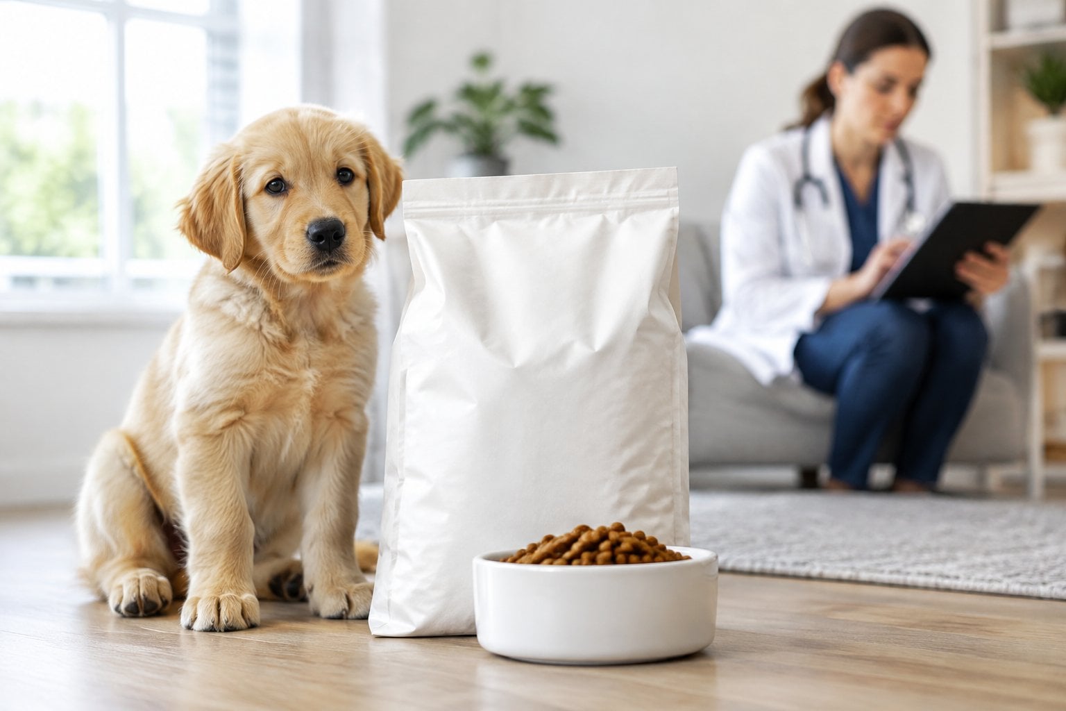 A puppy sits beside a bowl of kibble while a veterinarian reviews a report in the background.