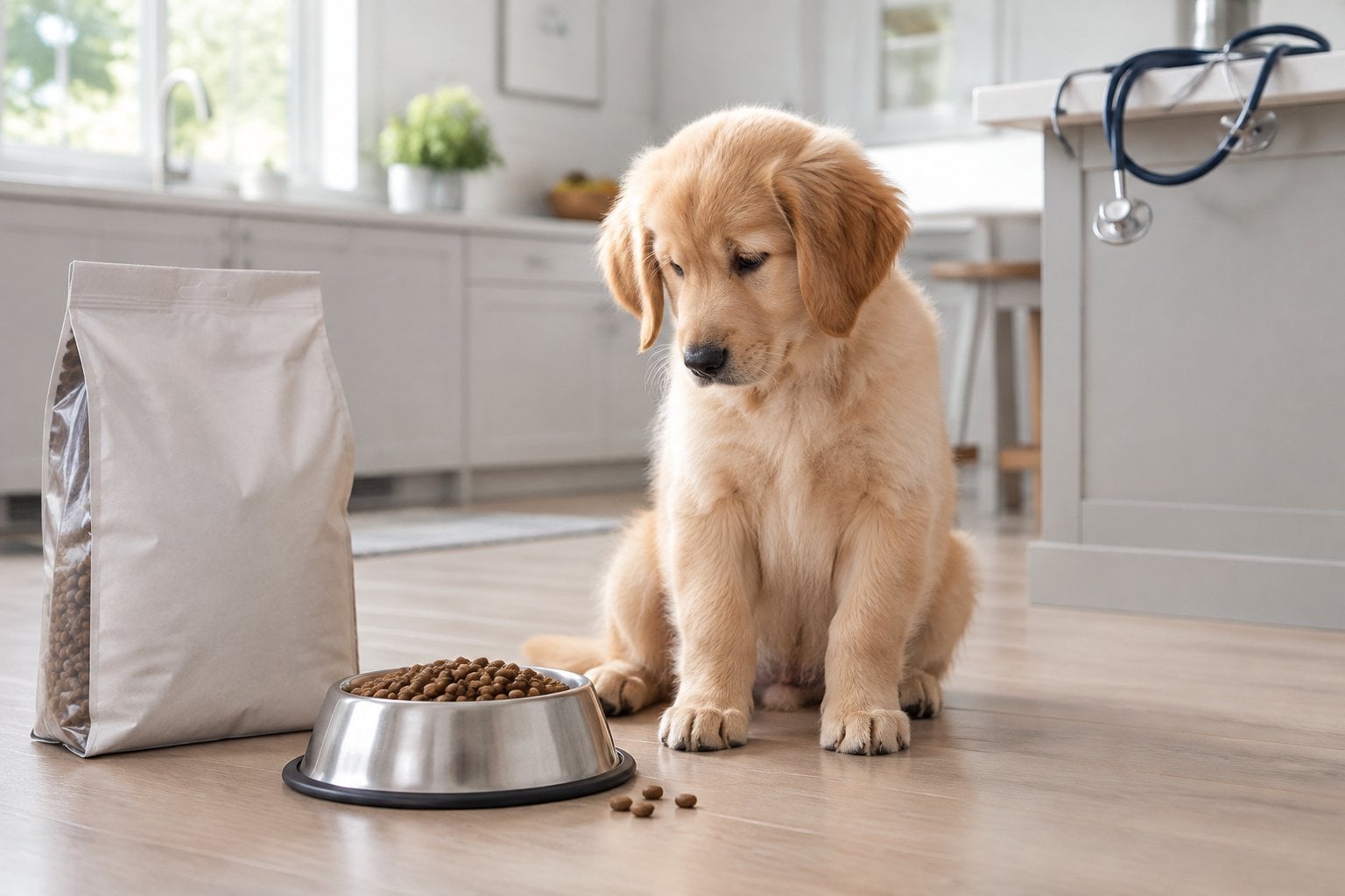 A golden retriever puppy sits beside a bowl of kibble and an unbranded food bag.