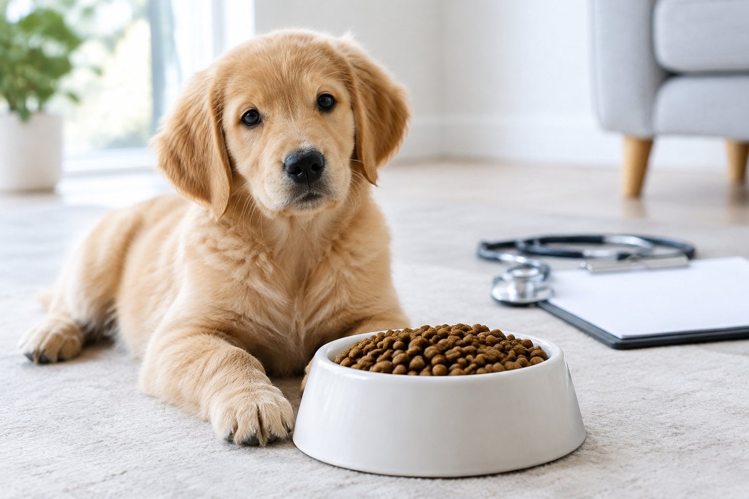 A puppy sits beside a bowl of kibble near a veterinarian’s stethoscope and clipboard.