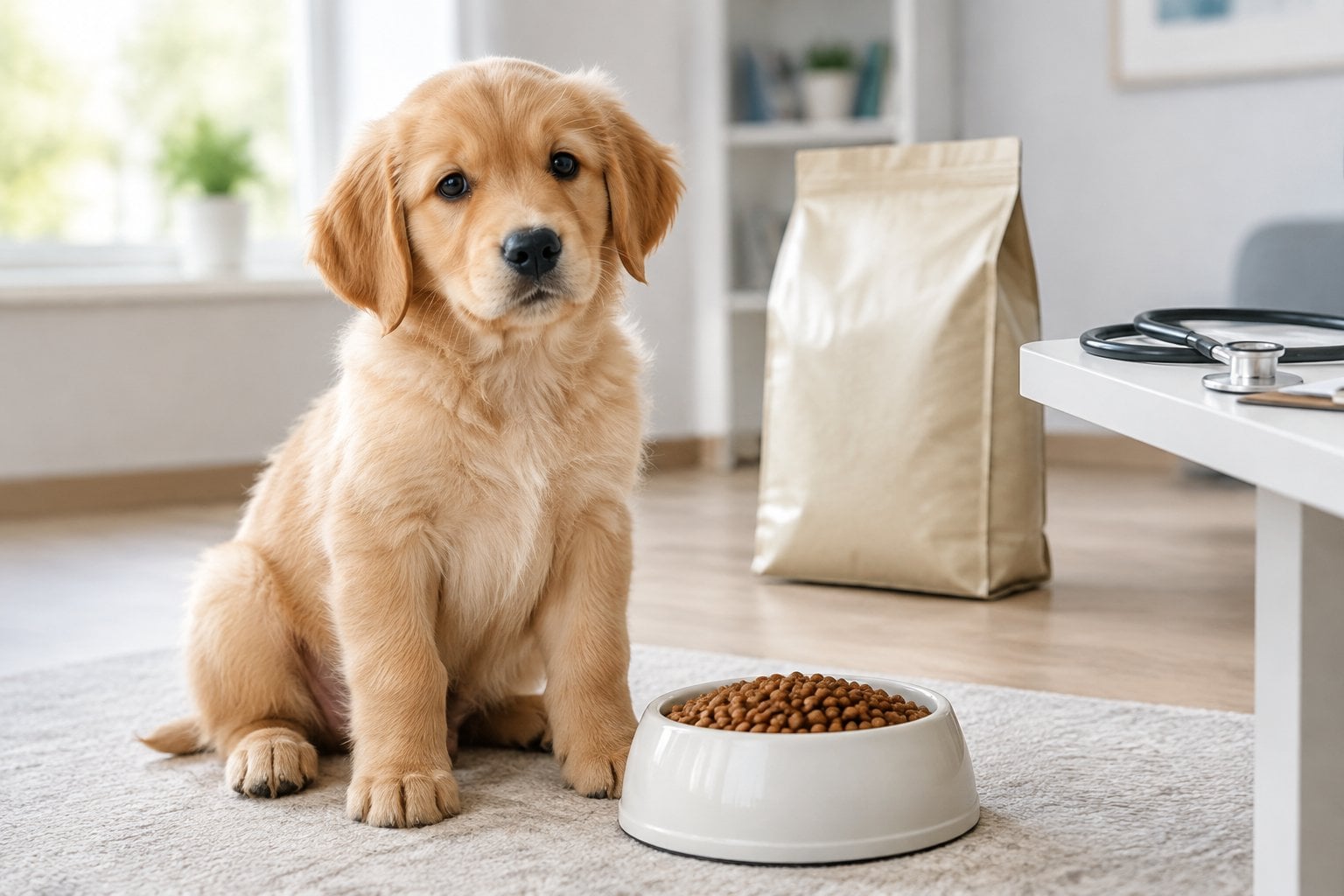 A puppy sits beside a bowl of dry food.