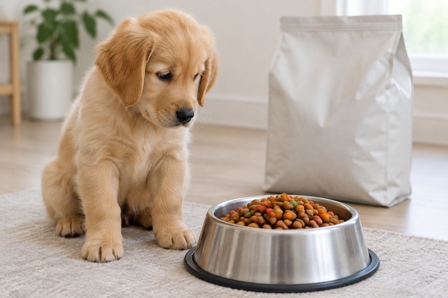 A puppy looks at a bowl of colorful dry food beside a plain bag.