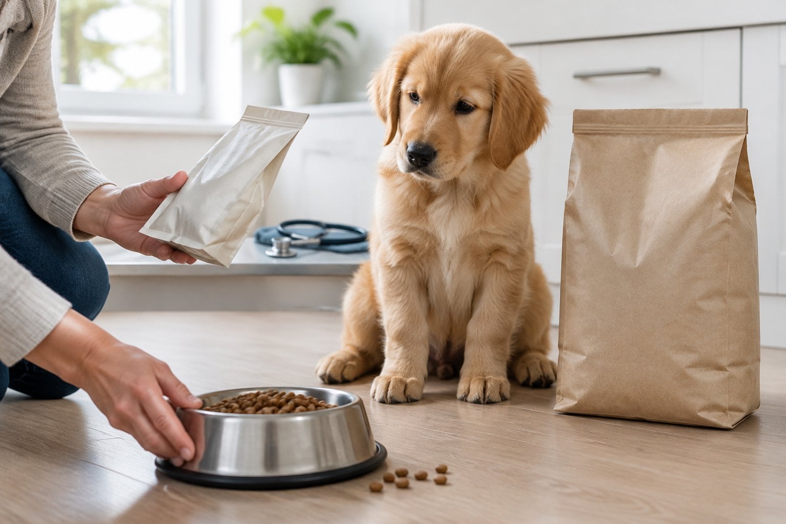 A puppy sits beside a food bowl as an owner moves the bowl away.