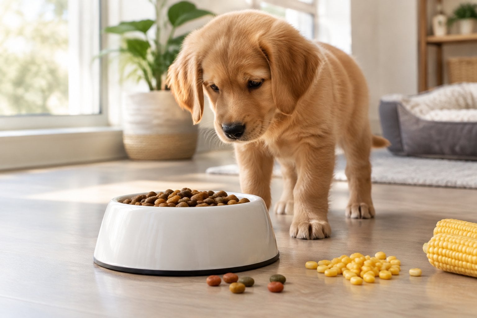 A puppy looks curiously at a bowl of dry food beside scattered corn kernels.