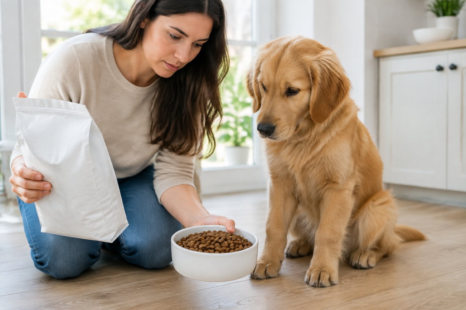 A golden retriever puppy sits beside a bowl of kibble while its owner checks a plain food package.