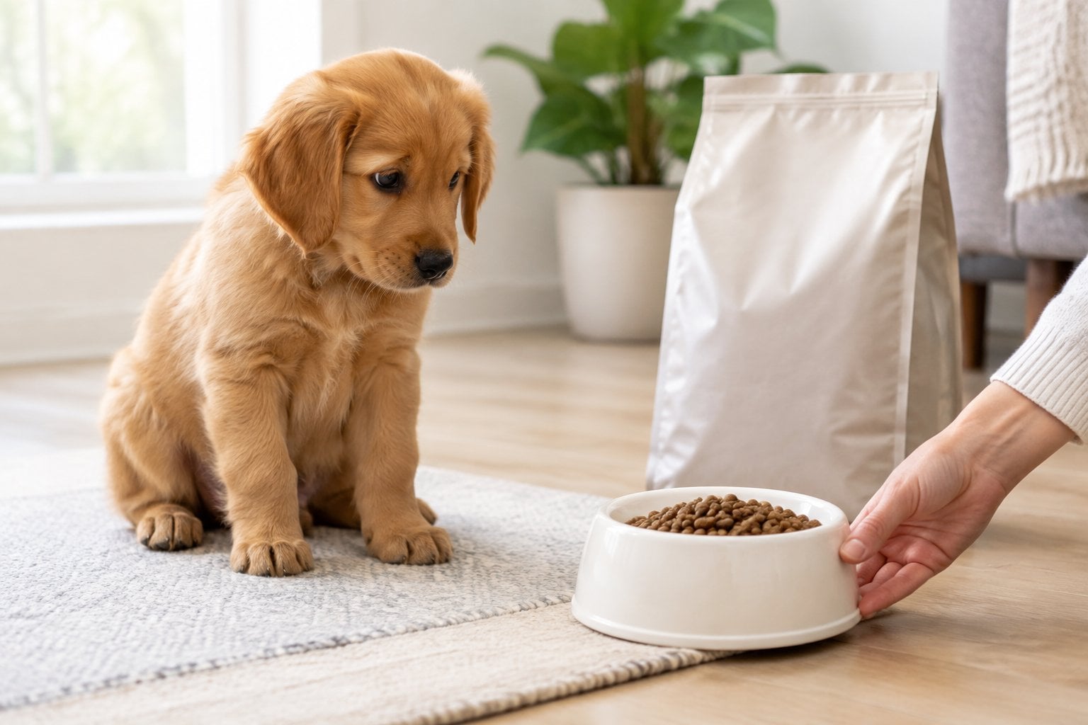 A puppy sits beside a bowl of kibble as a person moves it away.