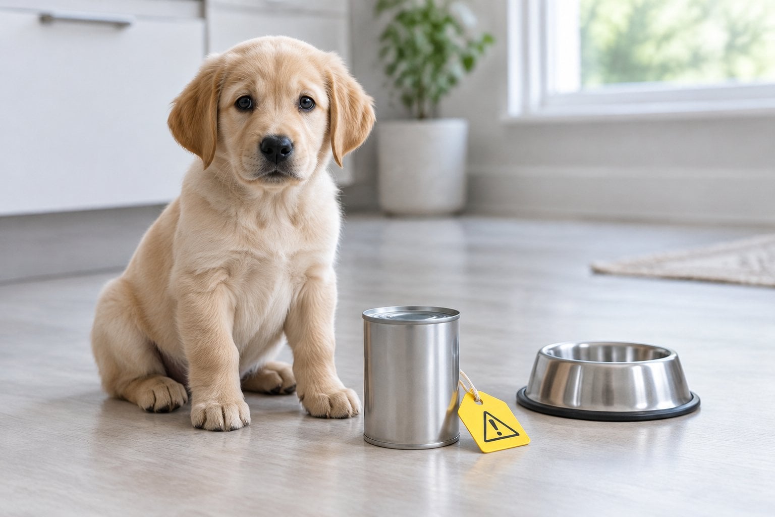 A puppy sits beside a can of dog food and a pet bowl.