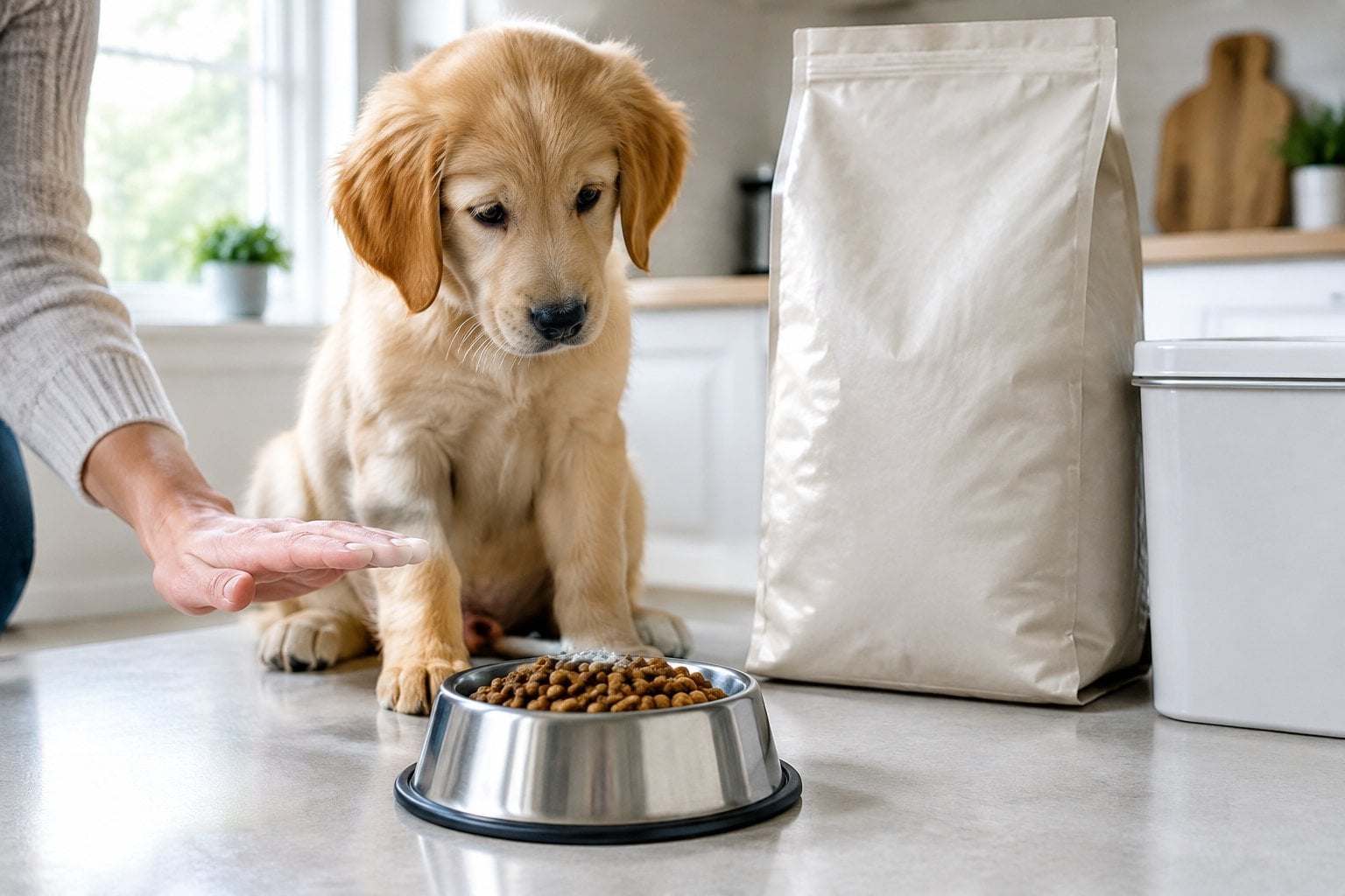 A puppy sits beside a bowl of kibble as a person’s hand pauses nearby.