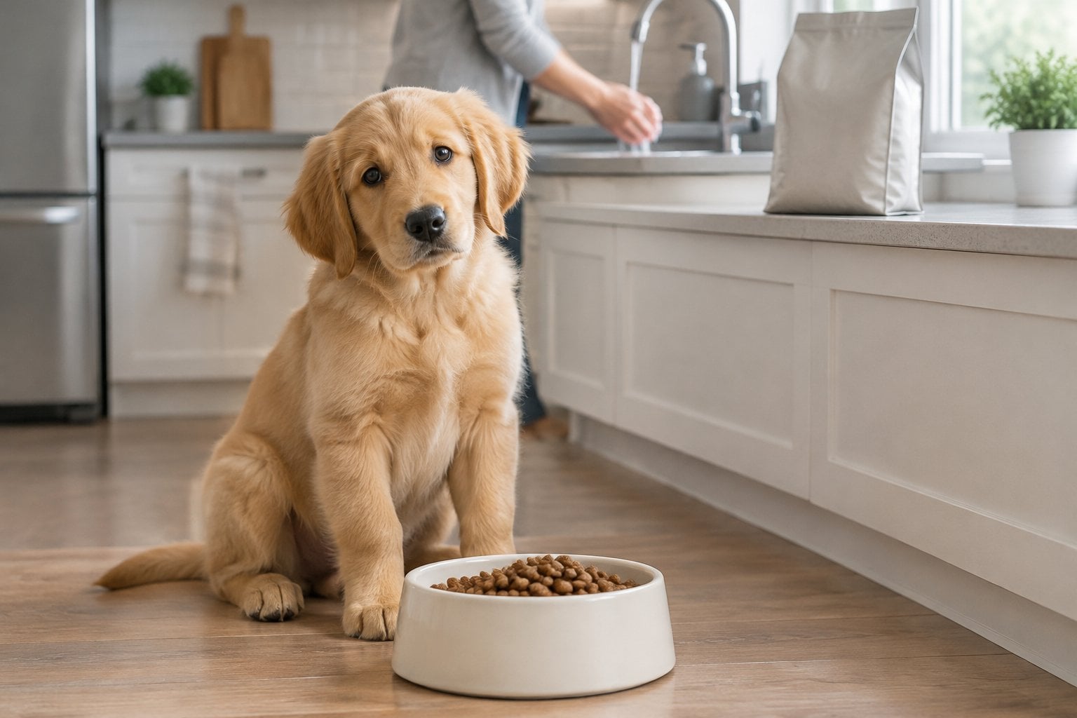 A golden retriever puppy sits beside a bowl of kibble in a home kitchen.