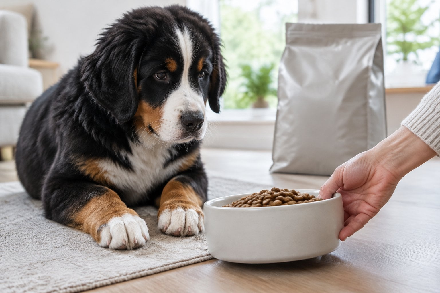 A large-breed puppy sits beside a bowl of dry food as a person moves the bowl away.