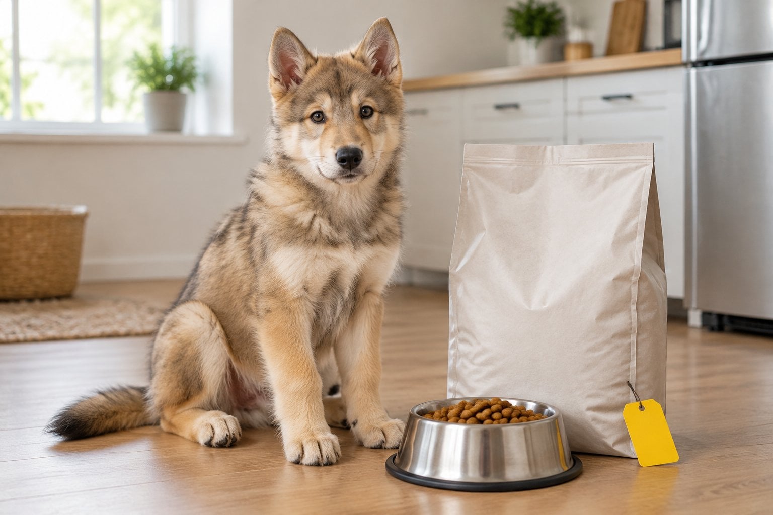 A golden puppy sits beside a bowl of kibble and a plain pet-food bag.