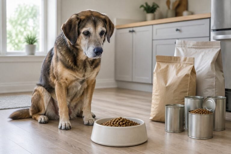 An older dog sits beside a food bowl, bags of kibble and cans of dog food in a kitchen.