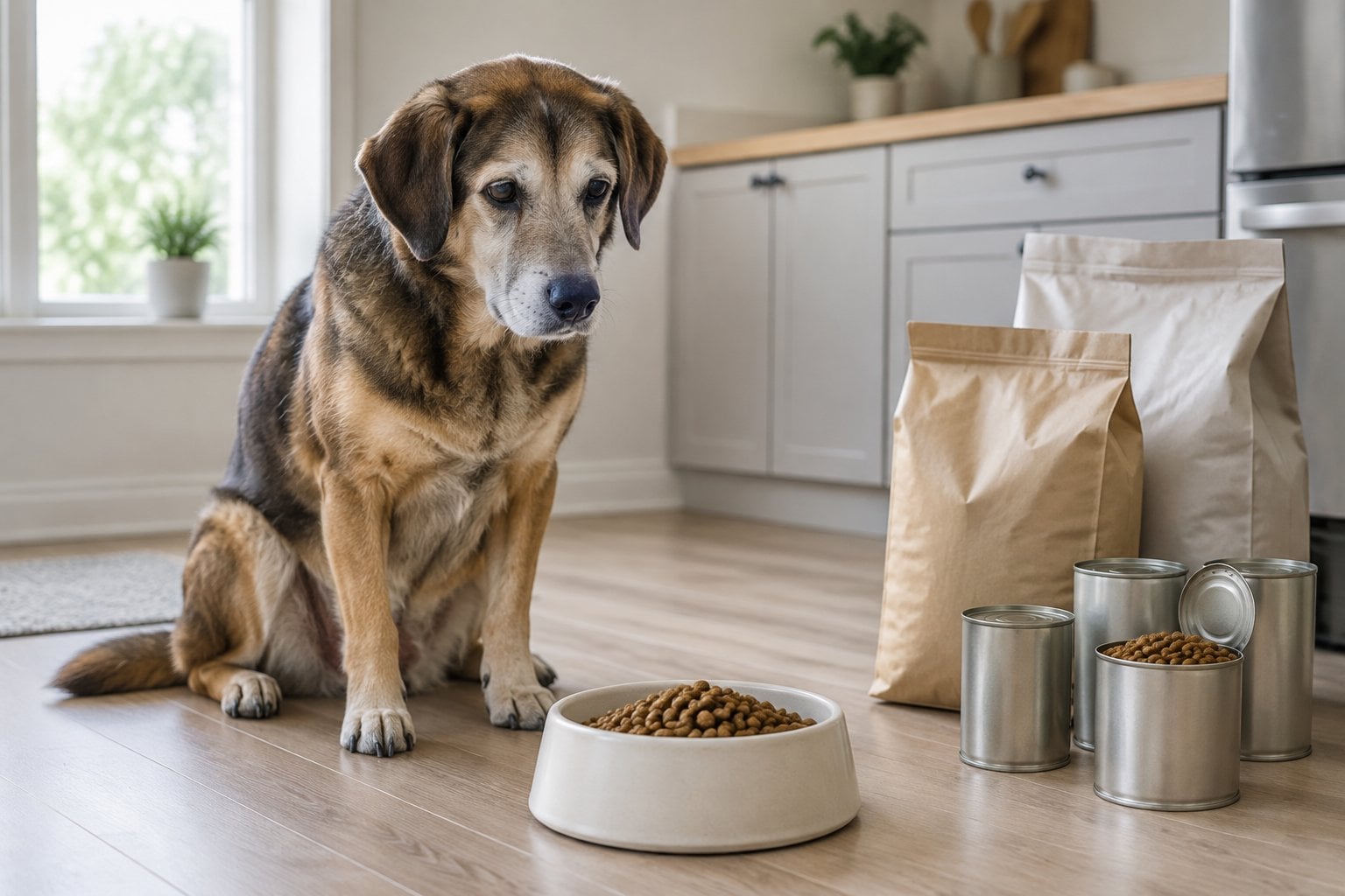 An older dog sits beside a food bowl, bags of kibble and cans of dog food in a kitchen.